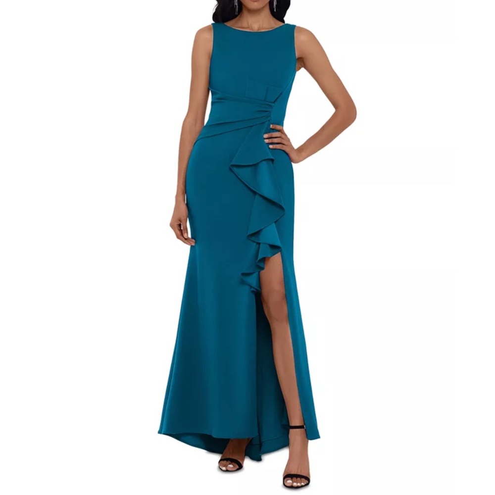 Betsy & Adam Teal Sleeveless Ruffled Slit Wedding Gown